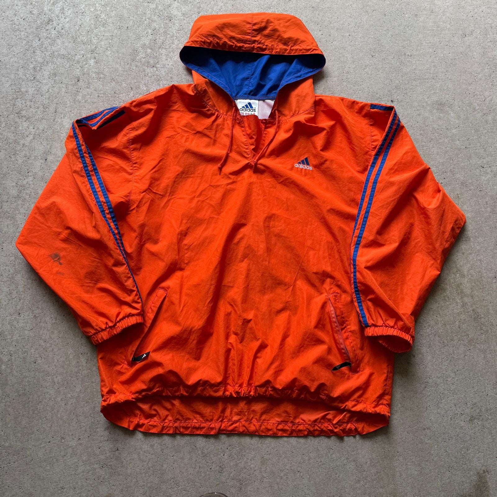 Men's Vintage 90's Adidas Orange Blue Hooded Pullover Windbreaker