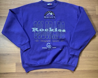 Sudadera vintage de los 90 de los Colorado Rockies, color morado, cuello redondo, talla XL.
