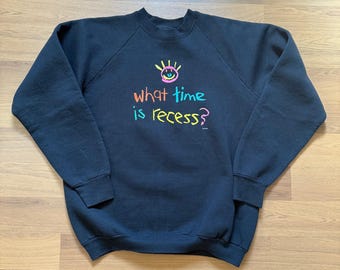 Vintage 90's What Time is Recess? Black Multicolor Crewneck Sweatshirt Sz XL VTG