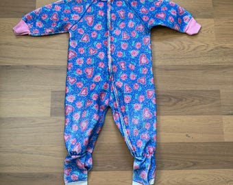 Baby Toddlers Vintage 70's Blue Pink Hearts Roses Fleece Footed Pajamas Sz 18M