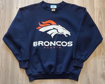 Vintage des années 90 logo athlétique Denver Broncos bleu ras du cou pull sweat Sz L