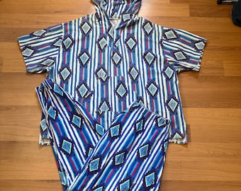 Men's Vintage 90's Blue White Abstract Print Lounge Set Hoodie Jogger Pants XL