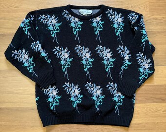 Women's Vintage 80's Kate Collins Black Floral Knit Pullover Crewneck Sweater S