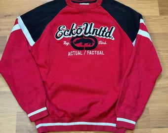 Men's Vintage y2k Ecko Unltd. Red Black Knit Crewneck Pullover Sweater Sz Large