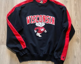 Jahrgang Y2k Champion Wisconsin Badgers schwarz Crewneck Pullover Sweatshirt Sz 2XL