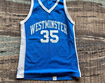 Vintage 80's kampioen Westminister lichtblauw wit basketbaltrui, maat medium