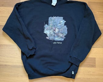 Sudadera vintage de los 90 de Lake Tahoe, negra, extragrande, cuello redondo, talla 2XLT.