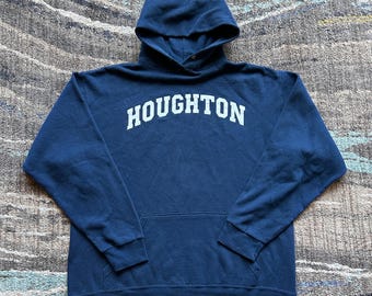 Vintage jaren 90 Houhgton University Highlanders blauwe hoodie sweater, maat Large L