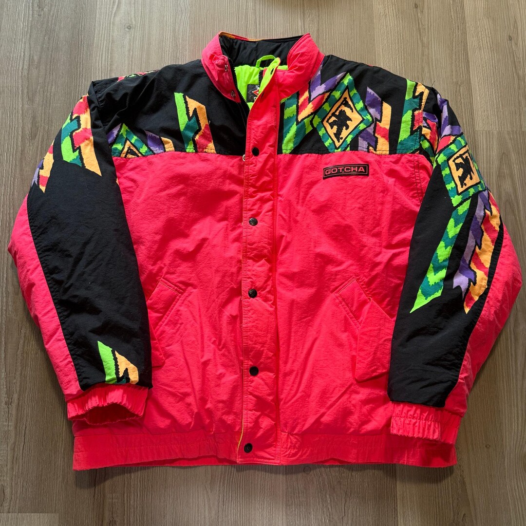 Vintage 90's Gotcha Neon Pink Multicolor Black Ski Puffer
