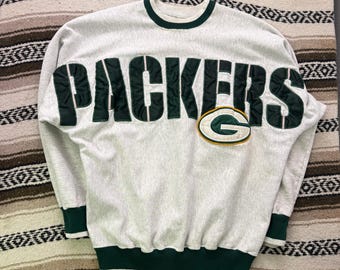 Vintage 90's Green Bay Packers Spellout Gray Crewneck Pullover Sweatshirt Sz L