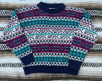 Women's Vintage 90's Adele Knitwear Purple Green Crewneck Pullover Sweater Sz M