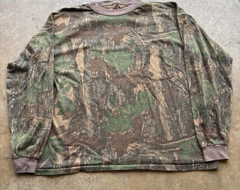 Men&#39;s Vintage 90&#39;s Trebark Camo Camouflage Long Sleeve Faded Tee Shirt Sz Large