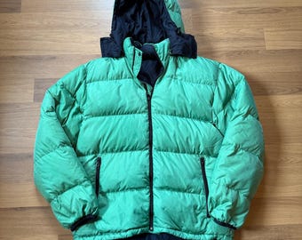 Men's Lands' End Green Black Reversible Goose Down Hooded Puffer Jacket Medium