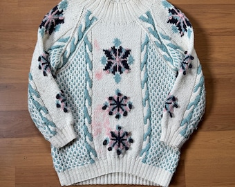 Women's Vintage 90's Susann D White Chunky Knit Snowflake Pullover Sweater Sz S