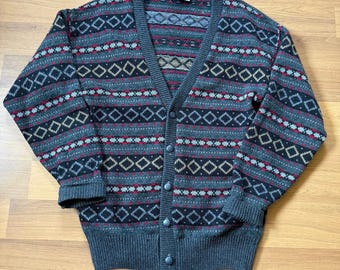 Herren Vintage 90er Jahre Norswear Rot Grau Wolle Strickjacke Cardigan Pullover Sz 42 Large VTG