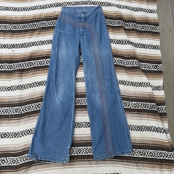 Women's Vintage 1970's Rainbow Embroidered Denim Blue Flare Jeans