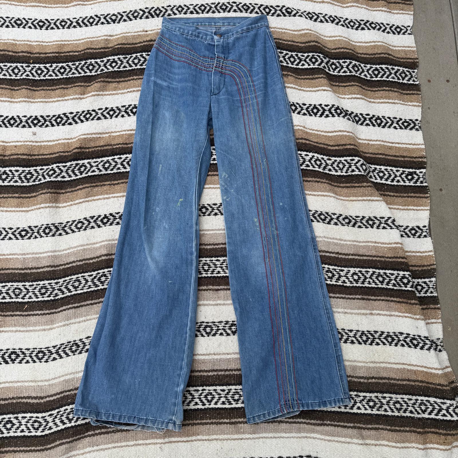 Women's Vintage 1970's Rainbow Embroidered Denim Blue Flare Jeans