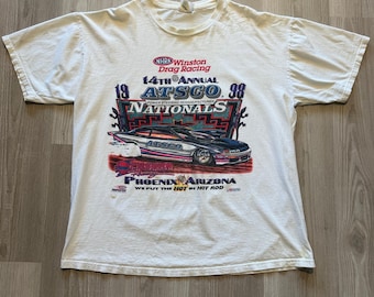 Camiseta blanca vintage 1998 NHRA Atsco Winston Drag Racing Nationals talla XL Vtg