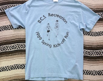 Vintage 1989 B.C.S Recreation Spring Kick Off Run New York Light Blue Shirt M
