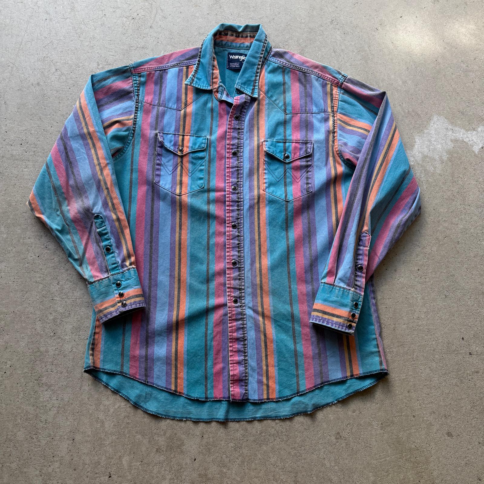 Vintage 90's Wrangler Striped Brushpopper Western Blue Pearl Snap
