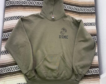 Men's Vintage Soffe USMC Marine Corps Green Hoodie Pullover Sweatshirt Sz Large