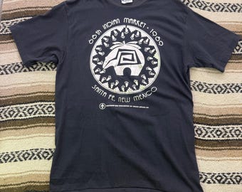 Vintage 1989 Santa Fe New Mexico Indian Market Black Silver Tee Shirt Sz Large