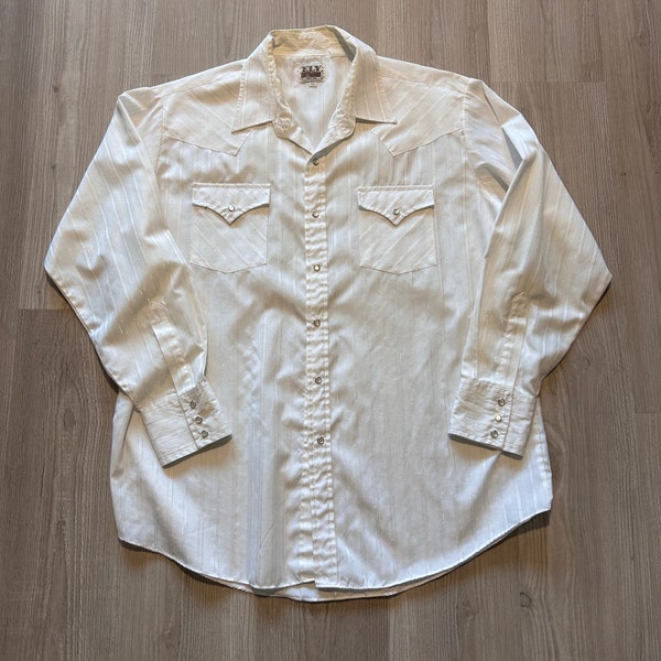 Men’s Vintage 90s Ely Cattleman White Pearl Snap Long Sleeve Western Shirt Sz XL