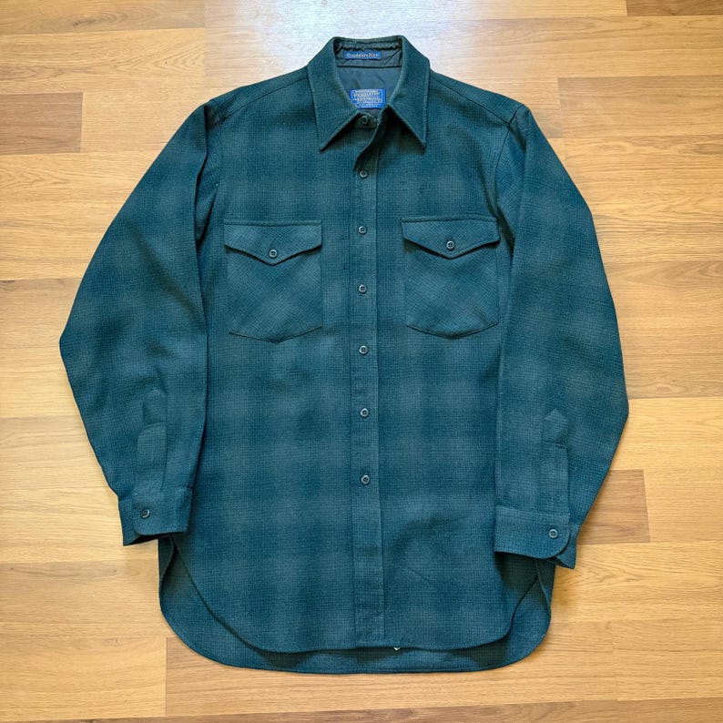 Men's Vintage Pendleton Outdoors Man Green Wool Guide Flannel Shirt Sz Medium image 1
