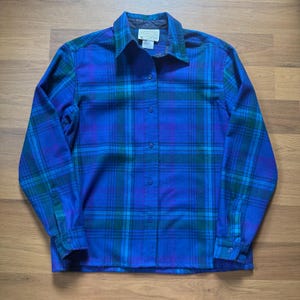 Women's Vintage 80's Pendleton Purple Blue Green Wool Flannel Shirt Sz 10 Medium image 1