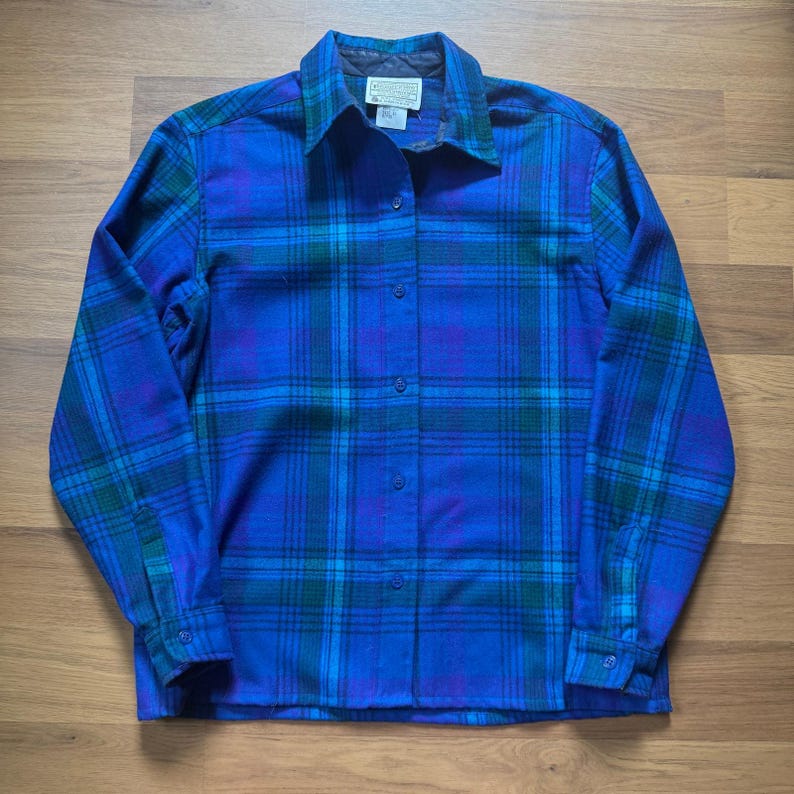 Women's Vintage 80's Pendleton Purple Blue Green Wool Flannel Shirt Sz 10 Medium image 1