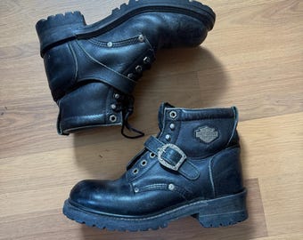 Women's Harley Davidson Motorcycles Black Leather Ankle Buckle Biker Boots 8.5