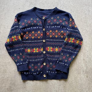 【激ナス紺】80〜90s sweat cardigan fade navy Vintage 90's Navy Blue Knit Red Yellow Pattern Cardigan Button