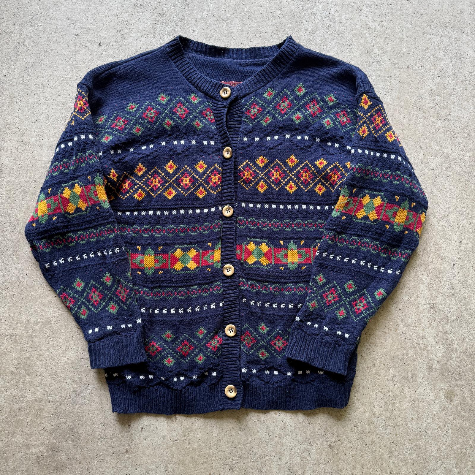 Vintage 90's Navy Blue Knit Red Yellow Pattern Cardigan Button
