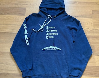 Sudadera con capucha azul marino vintage de los años 80 de SAAC Denver Colorado, talla grande.