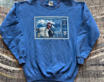 Vintage Bass Pro Shops Blue Duck Stamp Crewneck Pullover Sweatshirt Sz Medium M