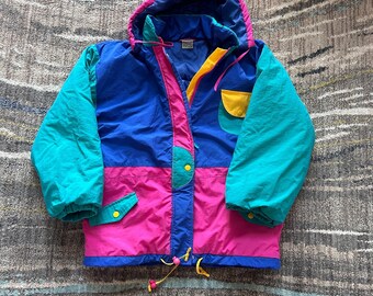 Youth Kids Vintage 90’s Pastel Colorblock Hooded Puffer Jacket Coat Sz XL (14/16