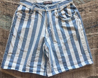 Damen Vintage 90's Memphis Weiß Blau Jeans Denim Gestreifte Lange Shorts Gr. 27x7
