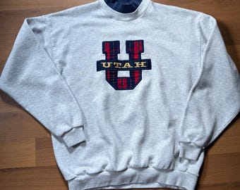 Vintage 90's University of Utah Utes Gray Crewneck Pullover Sweatshirt Sz Large