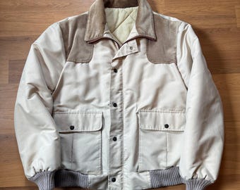 Men's Vintage 80's Tan Brown Snap Zip Up Corduroy Bomber Puffer Jacket Sz Large