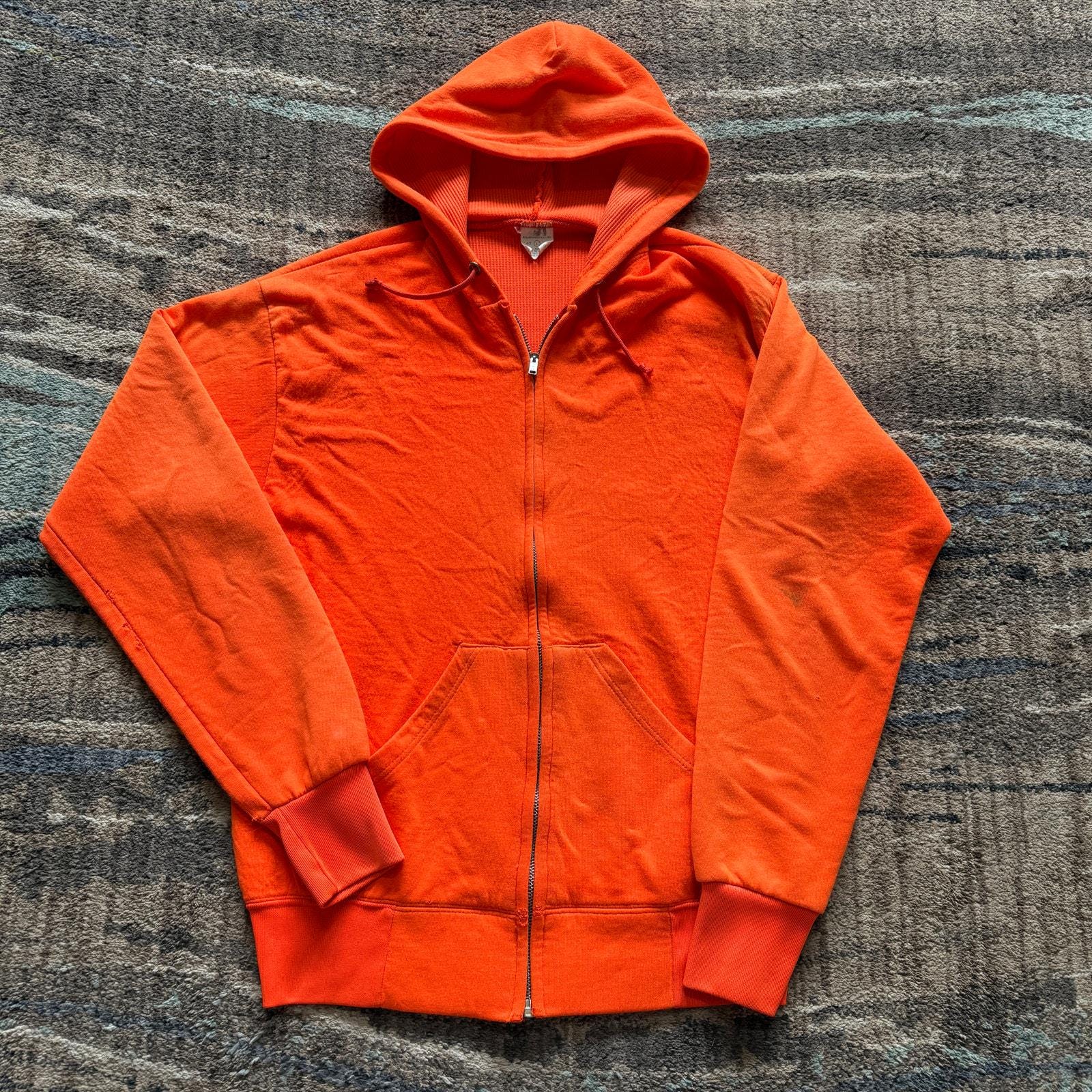 Men's Vintage 80's Waffle Lined Bright Orange Zip up Hoodie