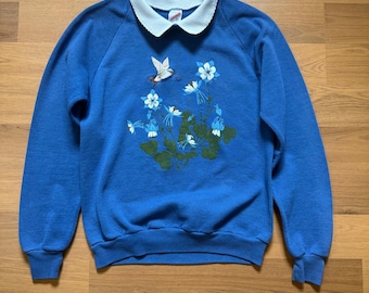 Vintage 90-tals Hummingbird blå krage pullover tröja tröja storlek medium VTG