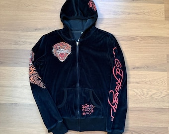 Women's Vintage Y2k Ed Hardy Christian Audigier Black Velour Zip Up Hoodie Sz S
