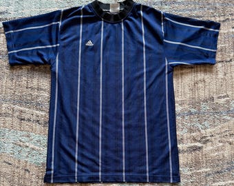 Men&#39;s Vintage 90&#39;s Adidas Blue Striped Soccer Jersey Athletic Tee Shirt Sz Small
