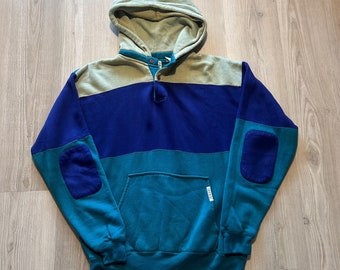 Sweat-shirt à capuche en polaire bleu vert colorblock vintage des années 90 pour homme Sz L
