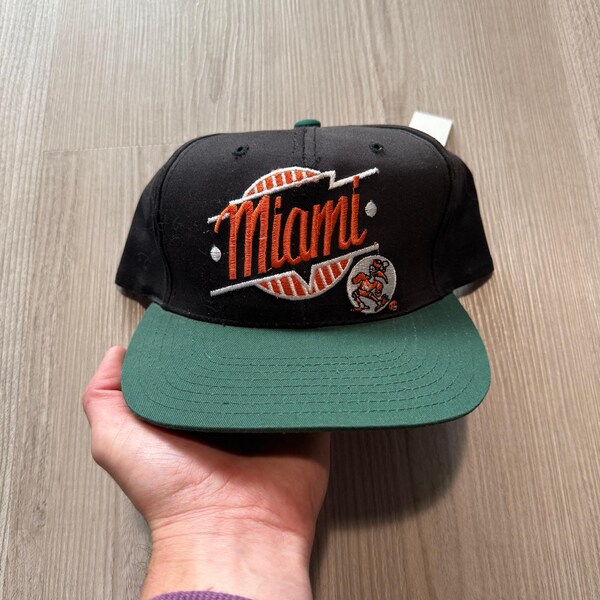 NWT Vintage jaren 90 Miami Hurricanes zwart groen oranje snapback hoed VTG retro