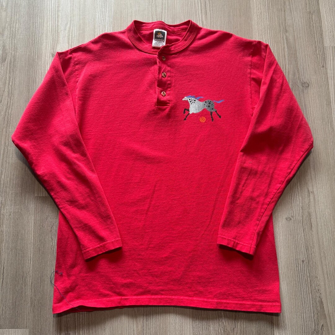 Vintage 90's Red Horse Pony Art Henley Long Sleeve Pullover Shirt Sz ...