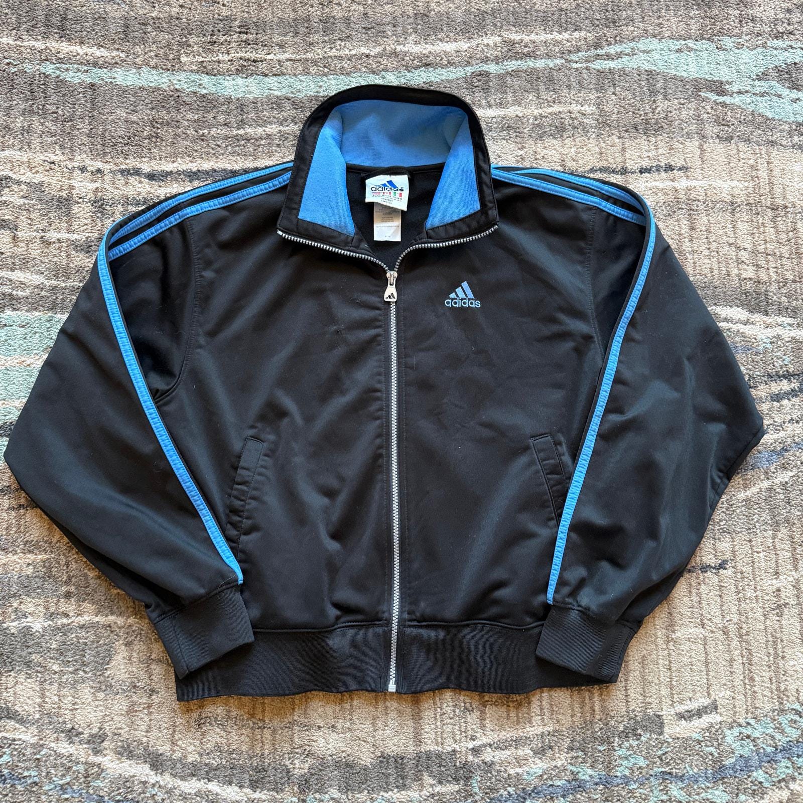 Men's Vintage 90's Adidas Black Blue Striped Zip up Track Jacket