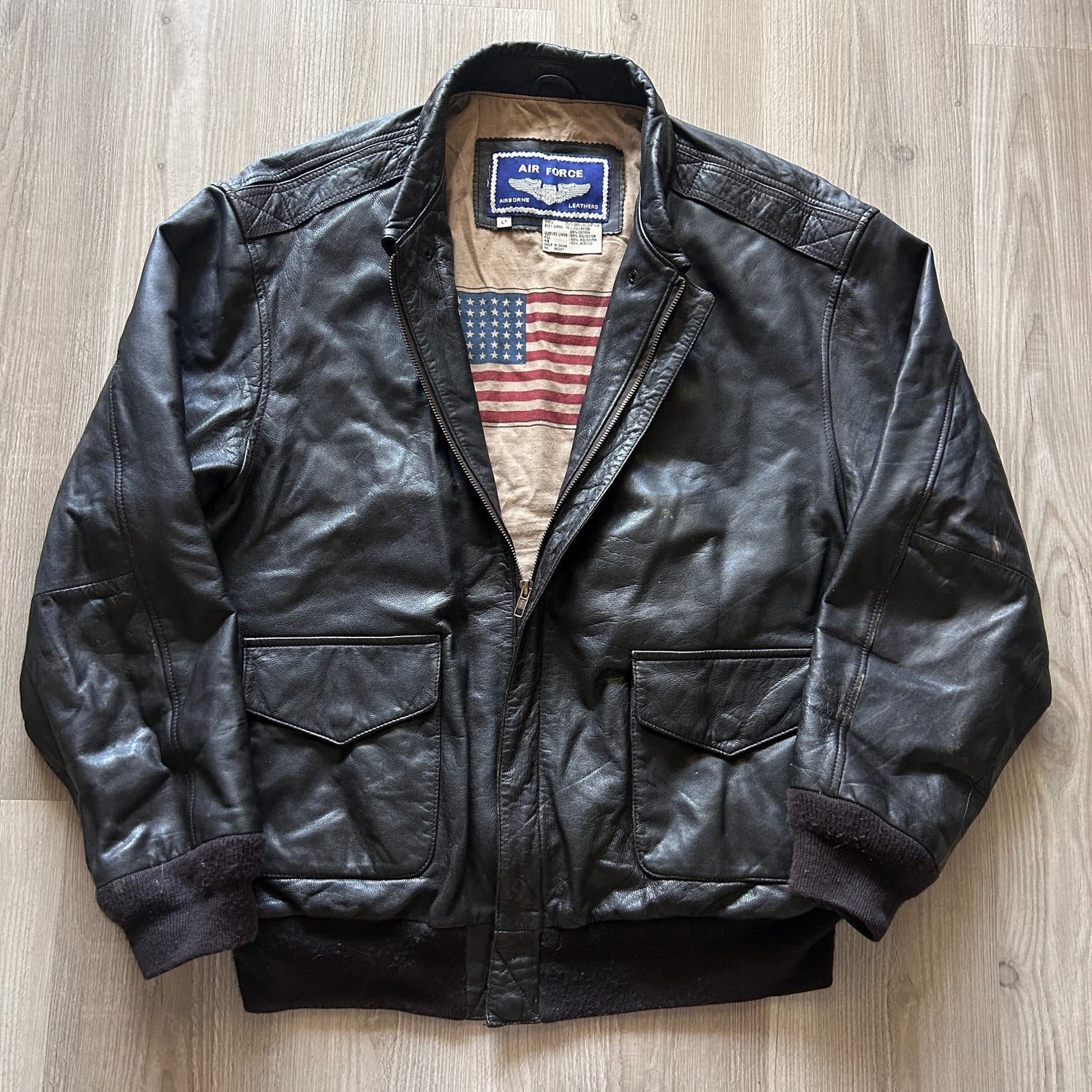 Men's Vintage Air Force Airborne Dark Brown Leather Bomber Pilot Jacket Sz  Large