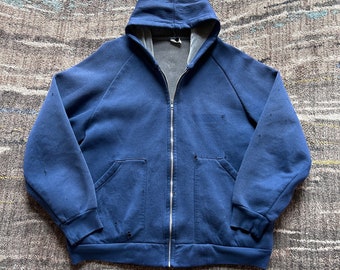 Heren Vintage jaren '80 Marineblauw Fleece Gevoerd Zip Up Hoodie Sweatshirt Sz Large VTG