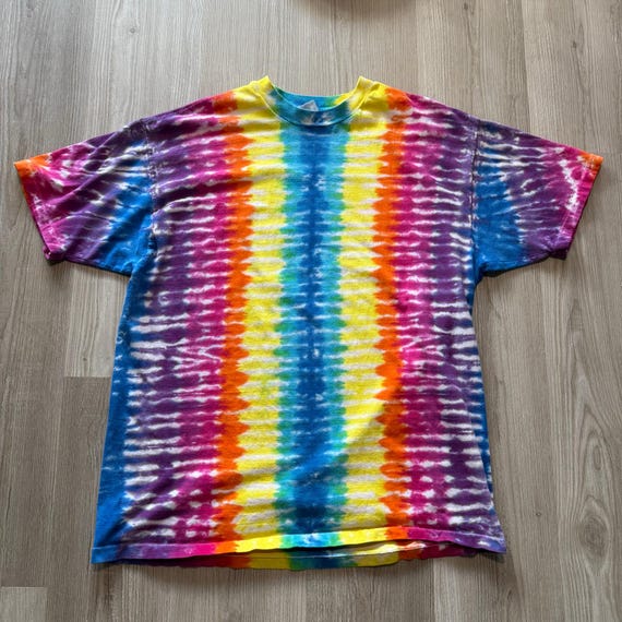 ヴィンテージ Rainbow Tシャツ Vintage 80's Hanes Multicolor Rainbow Vertical Accordion Tie Dye